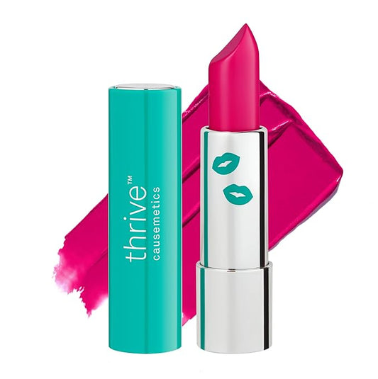 Thrive Causemetics Impact-FULL Smoothing Lipstick, Moisturizing Lip Makeup Essential with Vitamin E, Lightweight Creamy Lipstick for Women, Long Lasting, Vegan, Shade Ebony (Fuchsia Pink)