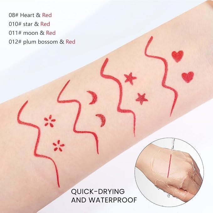 BINGBRUSH Double-head Liquid Star Eyeliner Red Stamp Pencil, Colors Flowers Heart Moon Shapes Face Stamps Makeup Colorful Waterproof Slim Gel Felt Tip High Pigment Liquid Eyeliner (12#Flower&Red)