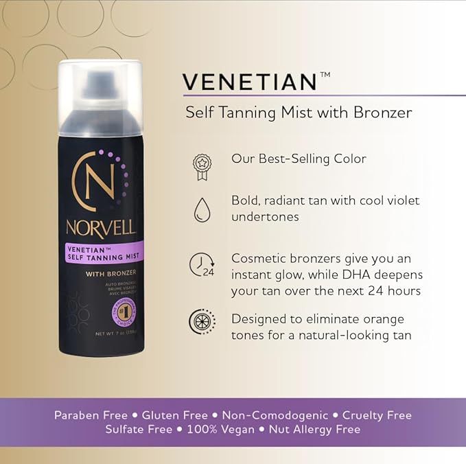 Norvell Venetian Sunless Self Tanning Mist - Airbrush Spray Solution with Bronzer for Instant Sun Kissed Glow, 7 fl.oz.