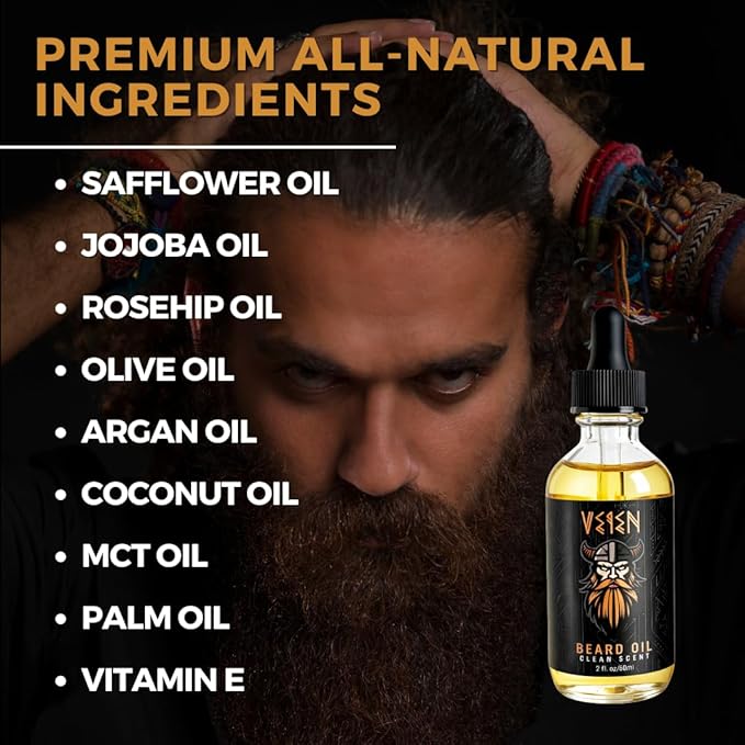 Veien Beard Oil for Men Premium All-Natural 2floz Made in USA for Thicker Darker Fuller Growth Moisturizes Conditions Softens Strengthens Smooths Frizz Hydrates for All Hair & Skin Types Reduces Itch