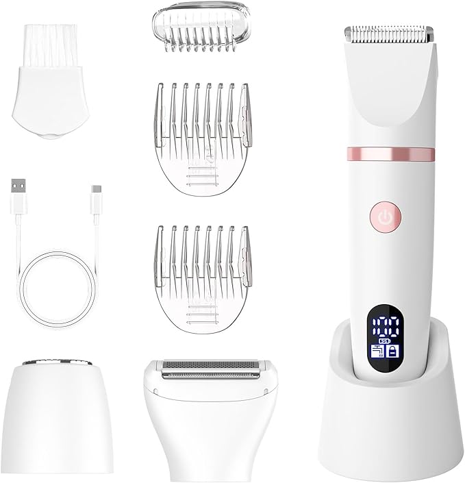 3-in-1 Electric Razor IPX7 Waterproof Bikini Trimmer Wet & Dry Use Painless Personal Trimmer Groomer for Ladies Face Body Legs Bikini Public Hairs Electric Lady Shaver with Replaceable Heads