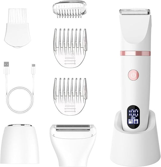 3-in-1 Electric Razor IPX7 Waterproof Bikini Trimmer Wet & Dry Use Painless Personal Trimmer Groomer for Ladies Face Body Legs Bikini Public Hairs Electric Lady Shaver with Replaceable Heads
