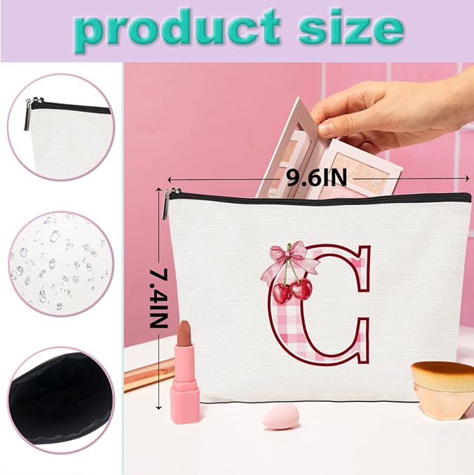 CQM Initial Makeup Bag Monogram Cosmetic Bag Monogrammed Gifts for Women Girls Friends Coworker Sisters Personalized Travel Toiletry Bag Christmas Bridal Shower Wedding Bridesmaid Gifts, Cherry C