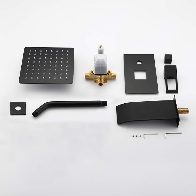 sumerain Black Tub and Shower Faucet Set with Anti-scalding Pressure Balance Valve, Waterfall Tub Spout and 8 Inch Rain Shower Head
