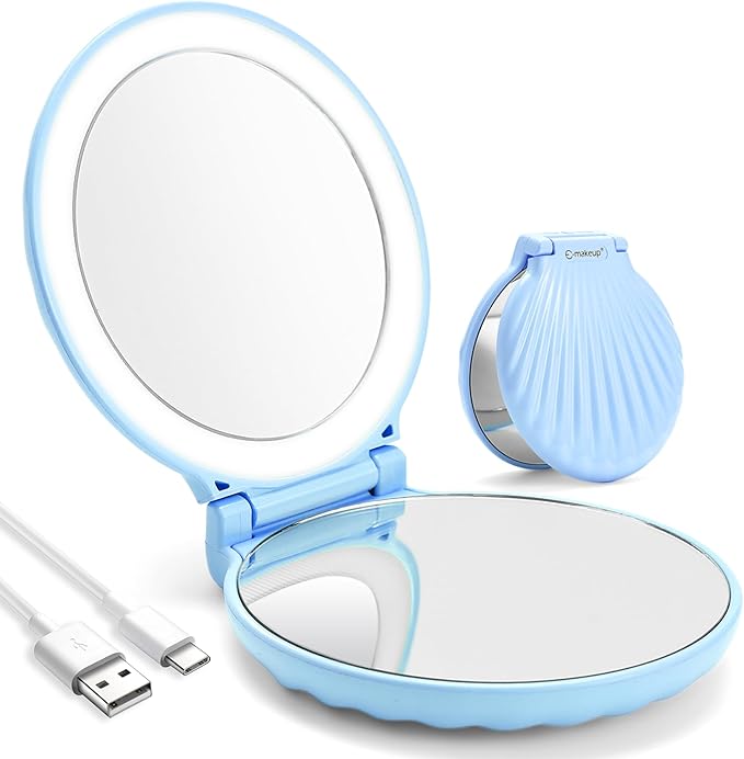 Compact Makeup Mirror, 10X /2X Magnification, Compact Travel Mirror with 3-Level Brightness, Shell Led Compact Mirror with Light, Small Gifts for Women & Men, Portable, Handheld