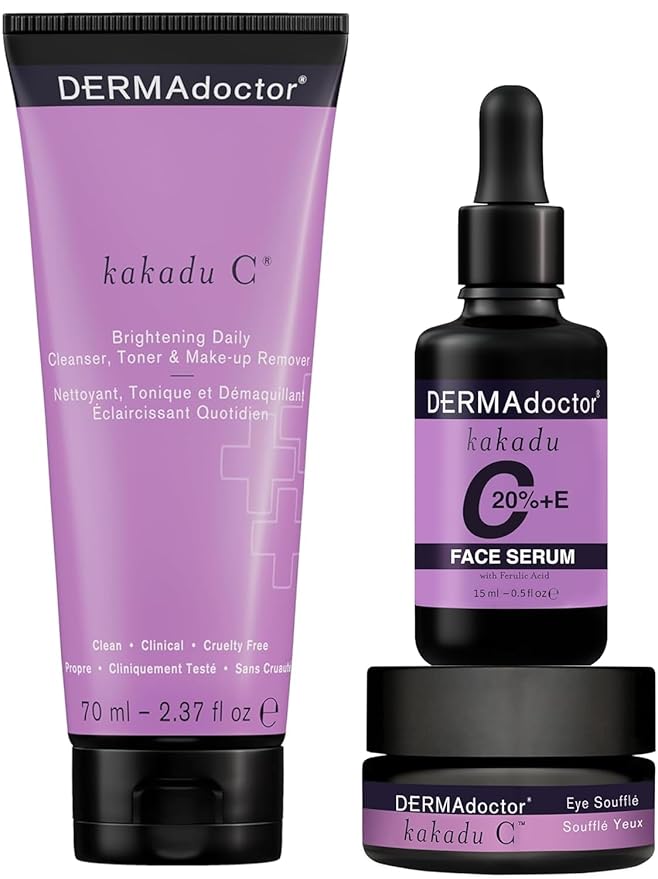 DERMAdoctor 20% Vitamin C Face Serum 0.5 fl oz Cleanser 2.37 fl oz with Caffeine Eye Cream Vitamin E & Ferulic Acid | Kakadu C Anti Aging, Hydrating & Discoloration Correcting Serum