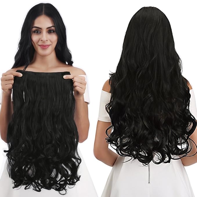 REECHO 18" 1-Pack 3/4 Full Head Curly Wavy Clips in on Synthetic Hair Extensions HE008 Hairpieces for Women 5 Clips 4.0 Oz per Piece - Natural Black