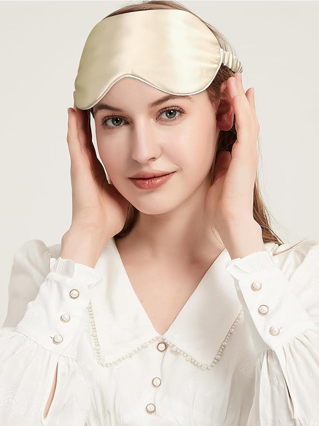 SILKTALE 100% Mulberry Silk Eye Mask for Sleeping with Silk Wrapped Adjustable Strap,Beige