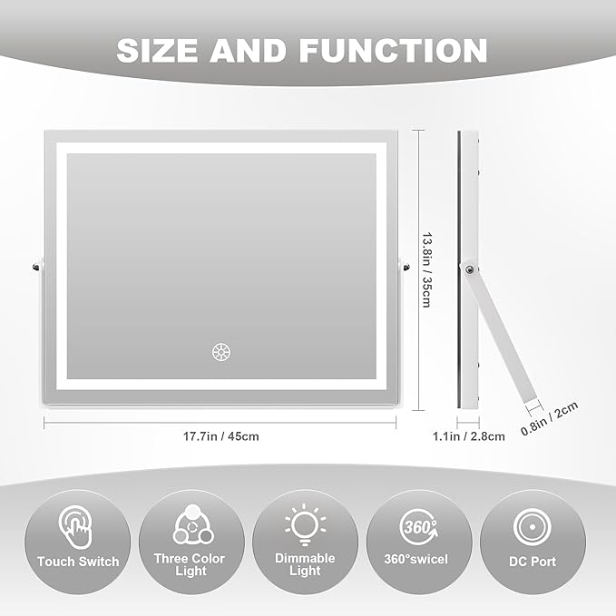 Hasipu Vanity Mirror with Lights, 17.7" x13.8” - 10X Magnification, Smart Touch 3 Color Modes, Brightness Control & 360° Rotation