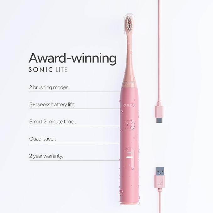 ORDO Lite Sonic Toothbrush, Electric Toothbrushes with 35,000 Pulses Per Min, Dual Modes, Over 5 Weeks Battery, Smart Timer, Waterproof, USB C, Petal