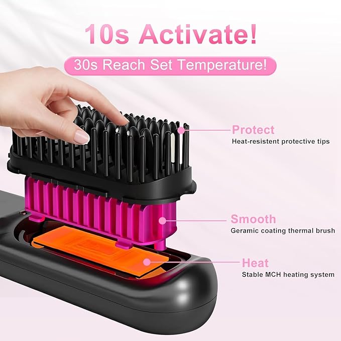 Go Brush Pro - Cordless Hair Straightener, USB Charging, Fast Heating, with LCD Display, Brush Portable Comb for Travel for All Hair Types