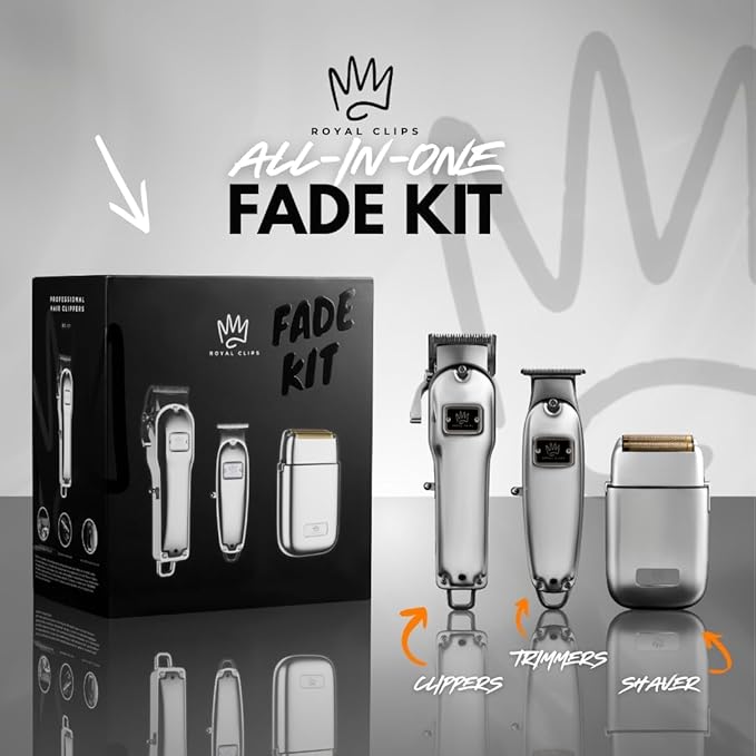 Royal Clips Hair and Beard Fade Kit – Professional Clipper, Trimmer & Foil Shaver Bundle for Men, Complete Haircut Set for Barbers, Home Use & Grooming– Holiday Gift for Men, Fathers, Brothers- Silver