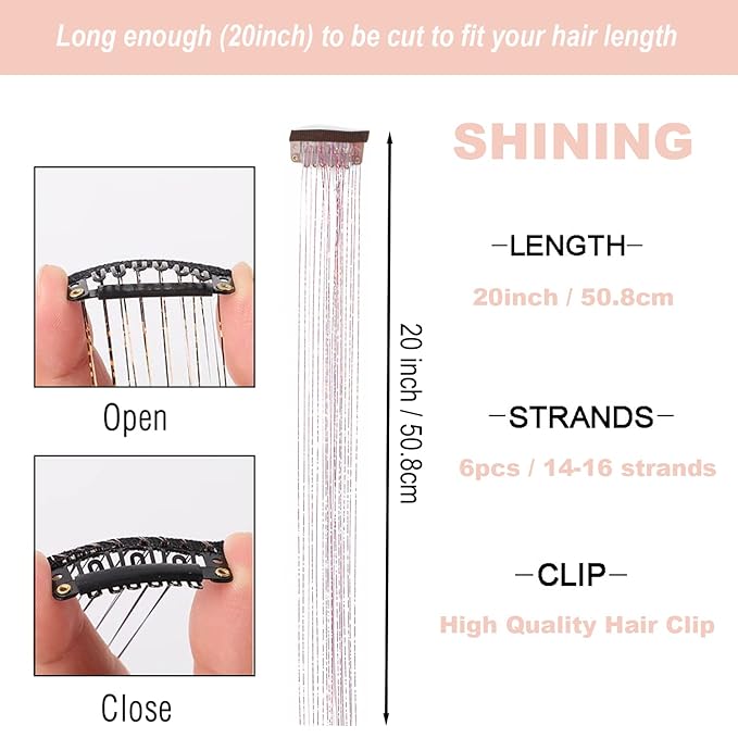47" Holographic Hair Tinsel Shining Gold Professional Sparkle Heat-Resistant Silk Extensions, Hair Accessories for Girls, Party Hair, Gifts for Girls (6PCs Clip in Hair Tinsel Kit, Shining Pink)