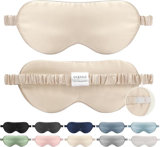 SILKTALE 100% Mulberry Silk Eye Mask for Sleeping with Silk Wrapped Adjustable Strap,Beige