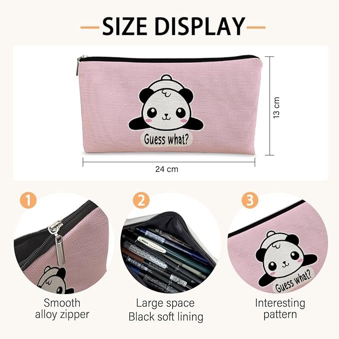 BARPERY Panda Gifts Pink Makeup Bag, Cute Baby Panda Guess What It's Pug Butt Cosmetic Bag, Travel Toiletry Bag for Daughter, Canvas Zipper Pouch