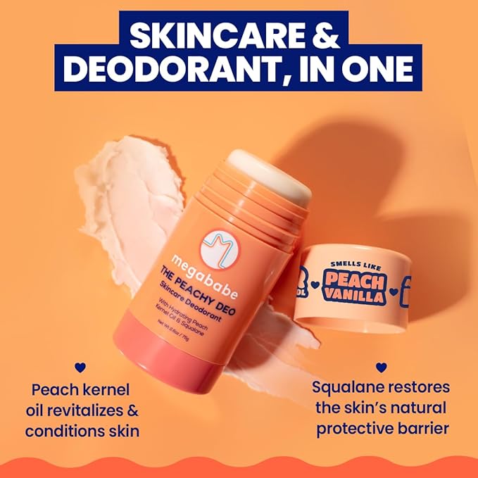 Megababe Skincare Deodorant - The Peachy Deo with 72 hour Odor Protection | Hydrating Peach Kernel Oil & Squalane | Aluminum-Free, All Natural | 2.6 oz