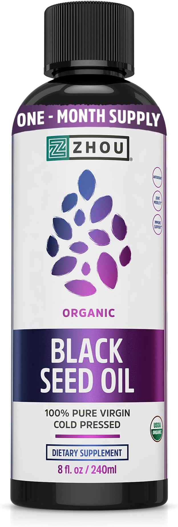 Zhou Organic Black Seed Oil - Black Cumin Seed Oil Cold Pressed, Nigella Sativa, Pure Unrefined Blackseed Liquid, Premium Supplement for Health with Thymoquinone, Omega 3 6 9 - 8 Fl Oz (Pack of 1)