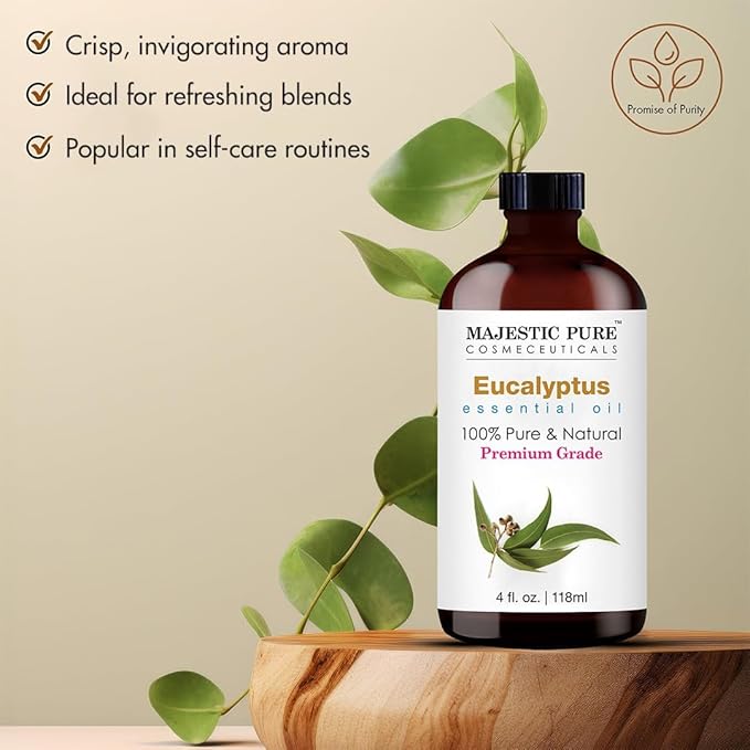 Majestic Pure Essential Oil with Glass Dropper - 100% Pure and Natural - Essential Oils for Diffuser, Aromatherapy, Soap and Candle Making, Eucalyptus Essential Oil, Eucalyptus Oil, 4 Fl Oz