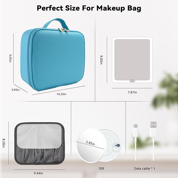 SLUMAZI Travel Makeup Bag with LED Mirror and 10x magnifying glass with 3 Lighted Settings, Adjustable Dividers and Makeup Brush Storage Bag Blue