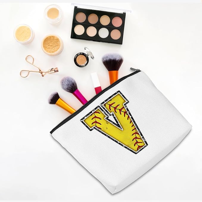 CQM Softball Gifts Initial Makeup Bag Monogrammed Cosmetic Bag Letter V Zipper Pouch Softball Accessories for Girls Women Player Coaches Friend Graduation Birthday Gifts