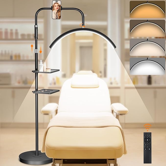young master Half Moon Lash Light, 24W 1500LM Dimmable LED Floor Lamp with Adjustable Height for Lash Techs, Tattoo & Nail Artists, 4 Color Modes, Phone Holder & 2 Trays Included