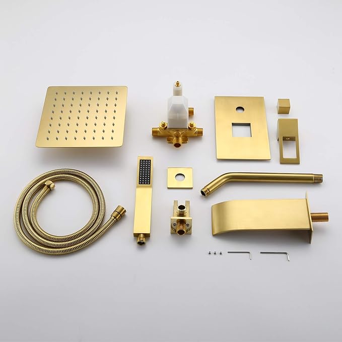 sumerain Tub and Shower Faucet System with Waterfall Tub Spout and Handheld Shower Head, Pressure-Balanced Valve, Brushed Gold