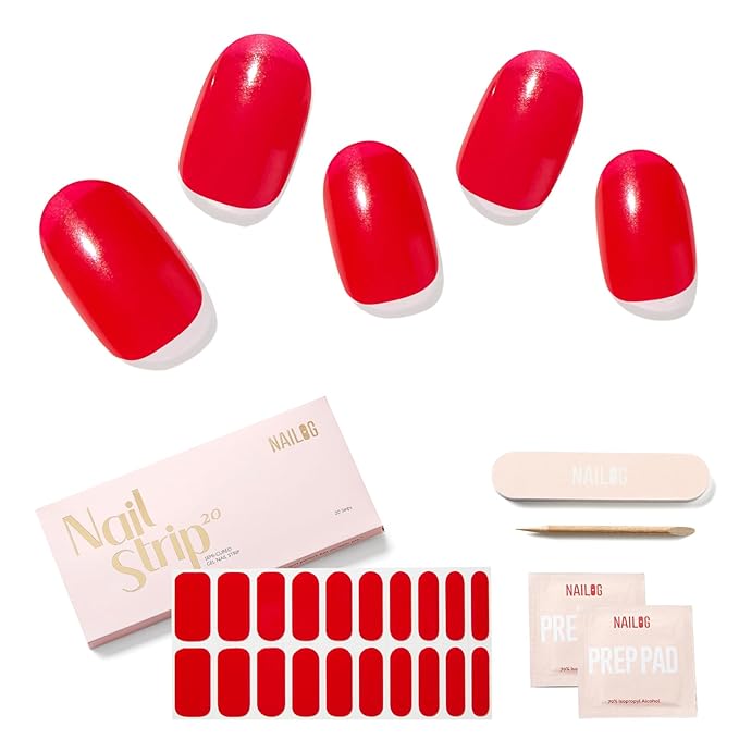 NAILOG Semi Cured Gel Nail Strips, 20Pcs Bright Red Long Lasting Stickers, Salon Quality Easy Apply & Remove Works with Any UV/LED Nail Lamps, Jelly Crush