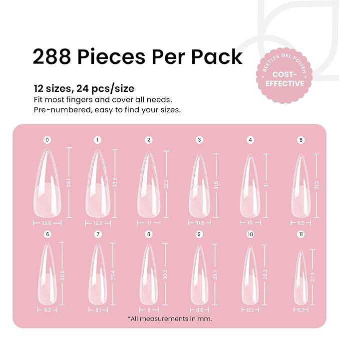 Beetles Gel Nail Tips Etch-X, Stiletto Medium, 288Pcs 12 Sizes, Pre-Etched Half Matte Full Cover Soft Acrylic False Nail Tips Pre-Shaped Easy DIY Fake Nail Extension Salon Gift for Women