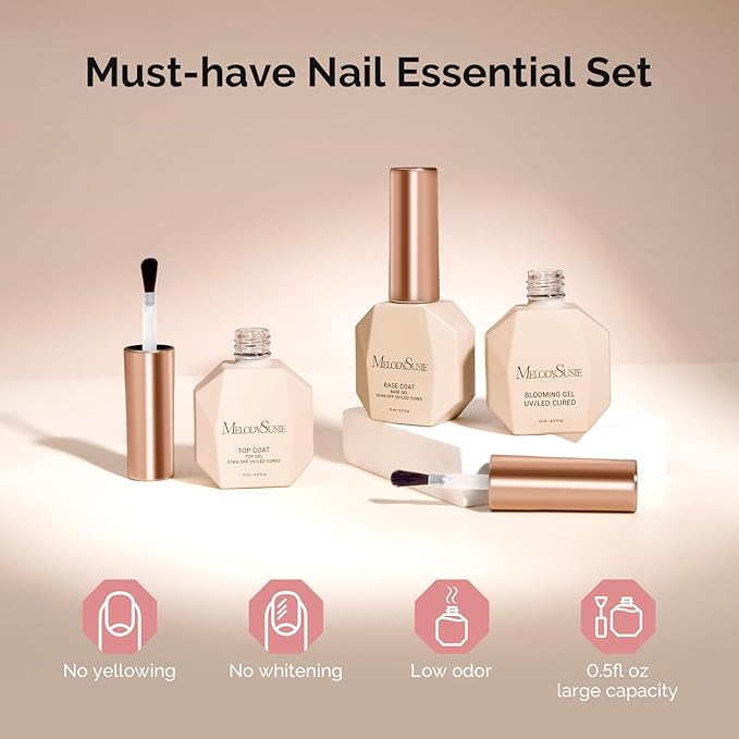 MelodySusie Top Coat Blooming Gel Base Coat No Wipe Glossy Set Long Lasting Shine Finish Soak Off UV LED Nail Lamp Nail Art Design Manicure Kit Perfect Gifts for Women Girls 3 Pcs 15ml Clear