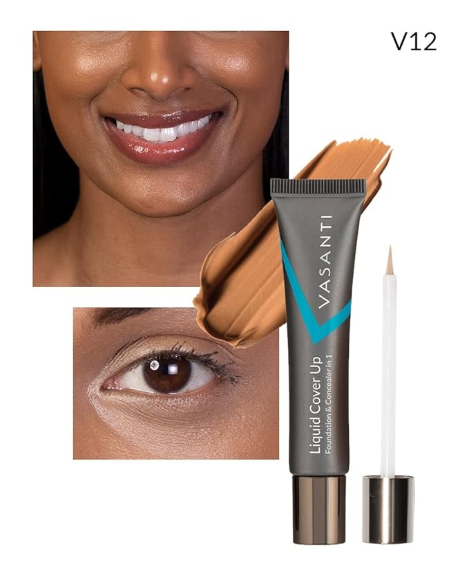 VASANTI Oil-Free Foundation & Concealer in 1 - Liquid Cover-Up (12) Highly Blendable, Full Coverage, Longwear Liquid Foundation and Concealer, Safe for Sensitive Skin