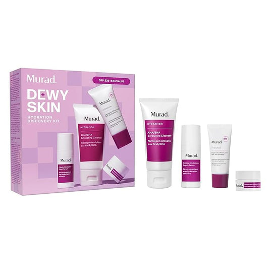 Murad Hydrate Trial Kit – Dewy Skin Set with AHA/BHA Cleanser 2.0oz, Hydration Serum 0.33oz, Hydro-Hyaluronic Cream 0.25oz, Superactive SPF 50 Moisturizer 0.8oz | Travel Skincare for Radiant Skin