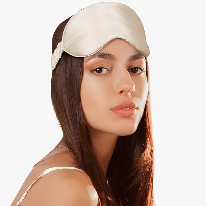SILKTALE Soft Real Silk Light Blocking Cooling Sleep Eye Mask for Women/Men/Travel/Airplane,Beige