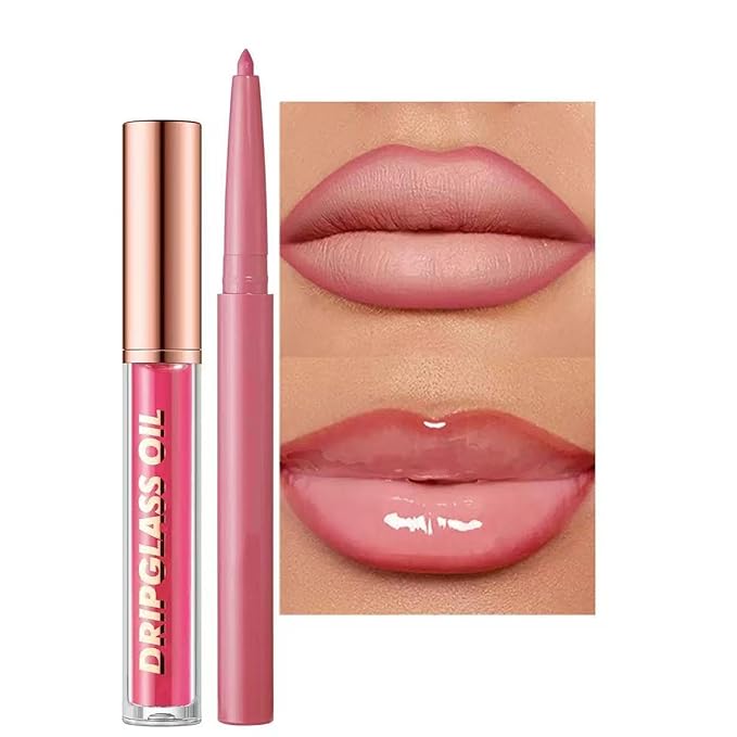 Pink Lip Liner Lip Gloss Set for Women, Waterproof Lip Kit with Lip Oil Lip Liner Pencil, Hydrating Long-Lasting Lipgloss Lip Pencil, High Pigment Non-Sticky lip liner Stain Lipliner (09# Pink)
