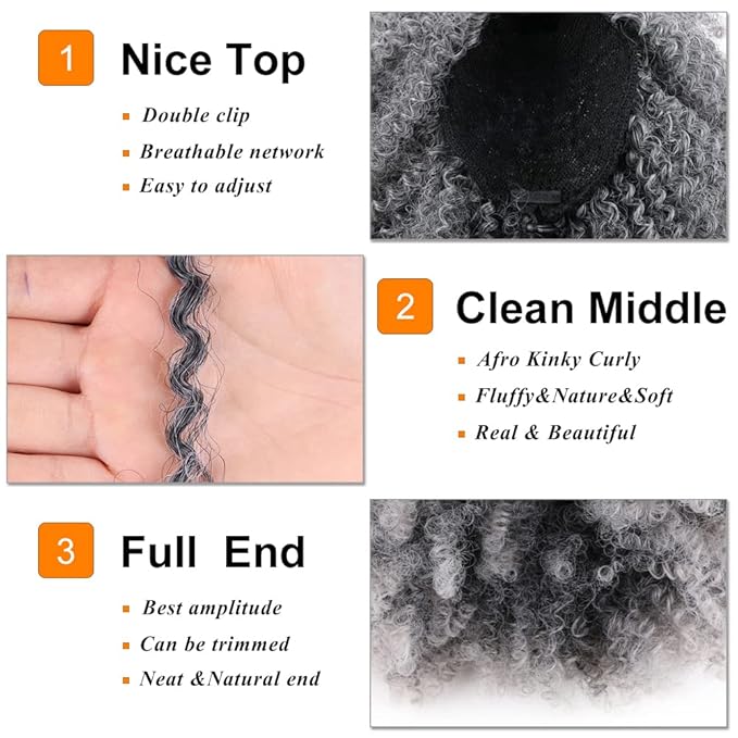 Drawstring Ponytail Afro Kinky Curly Ponytail for Black Women Short Wave Synthetic Ponytail Hair Extension (T1B/Grey,Ombre Grey)
