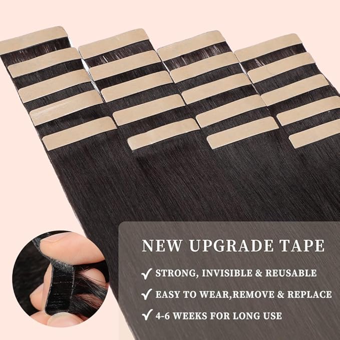 Human Hair Tape in Extensions, Natural Black Hair Extensions Real Human Hair 16 Inch 20pcs Remy Straight Tape ins Invisible Tape in Hair Extensions Human Hair (1B#,16 Inch)