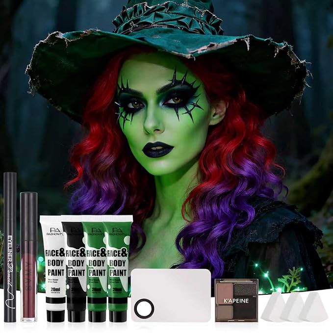 Halloween for Witch Makeup Kit, Professional Halloween SFX Makeup Set for Witch Costumes, Non-Toxic Water-Based Face Paint Set with Green Face Paint, Eyeliner for Cosplay,Stage, Party