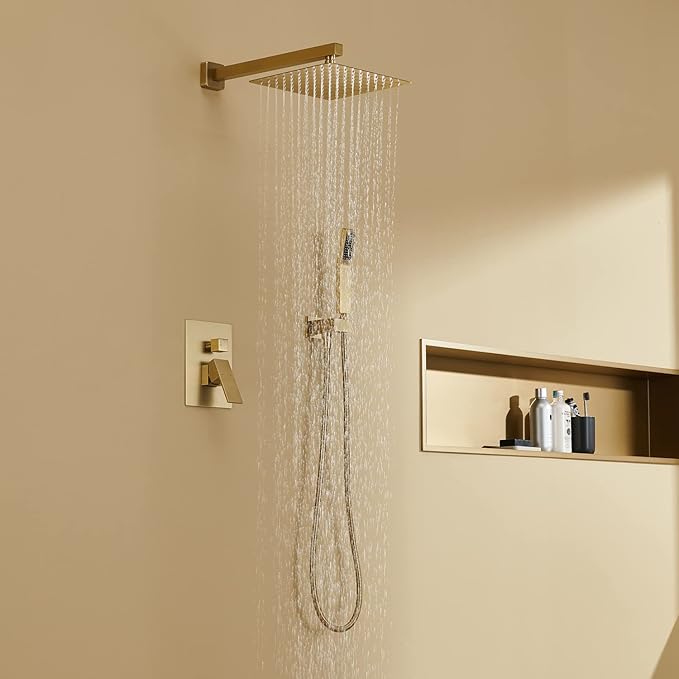 Artiqua Shower System 10 Inches Rain Shower Combo Set Brushed Gold Wall Mount Faucet Bathroom Faucets with Rainfall Shower Head and Hand Shower