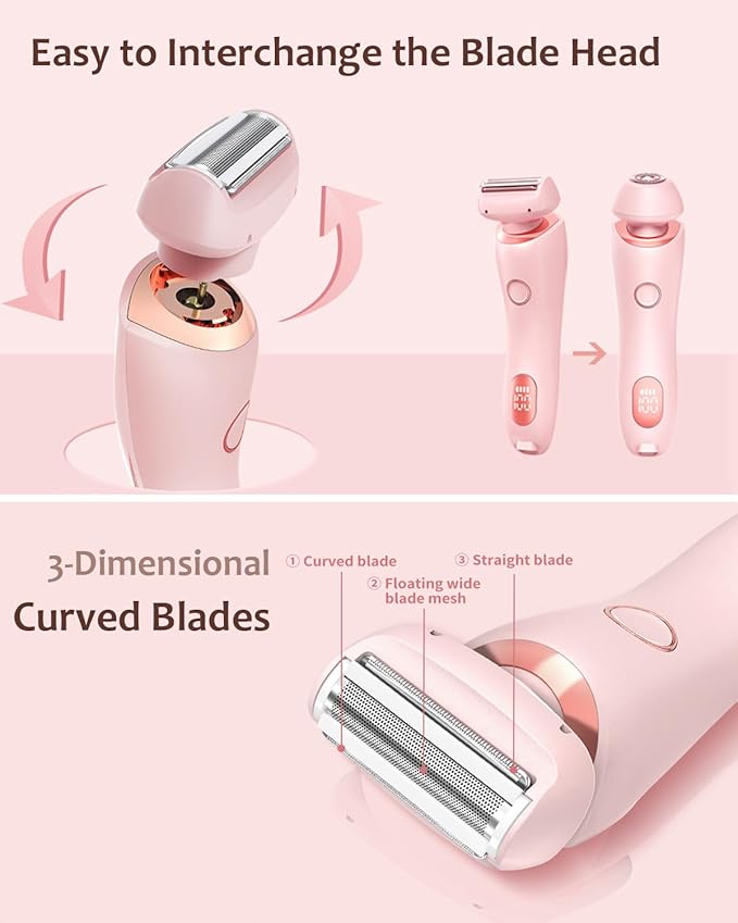 Electric Shaver for Women - Painless Lady Razor Facial Hair Remover 2-in-1 Wet and Dry Cordless Portable Bikini Trimmer for Face Armpit Legs Body - Rechargeable IPX7 Waterproof Hair Removal (Pink)