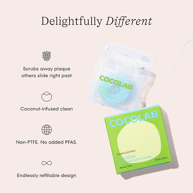 Cocolab Woven Dental Floss, Dentist-Designed Oral Care, Coconut Scent, Waxed, Expanding, Vegan, Kid-Friendly String Floss with Coconut Oil, 1 Spool (33 yd)