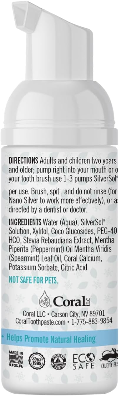 Coral Nano Silver Foaming Toothpaste – Fluoride Free Natural Remineralizing Tooth Foam – Whitening, SLS & Glycerin Free with Xylitol & Coral Calcium – Mint Flavor (4oz, 3-Month Supply)