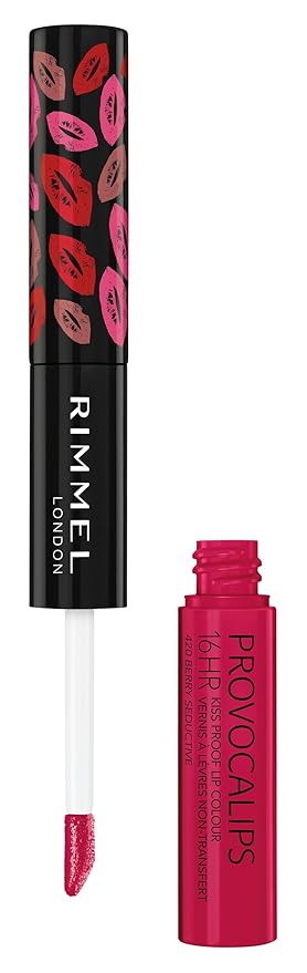 Rimmel London Provocalips 16hr Kiss-Proof Lip Color - Two-Step Liquid Lipstick to Lock in Color and Shine - 420 Berry Seductive, .14 fl.oz.