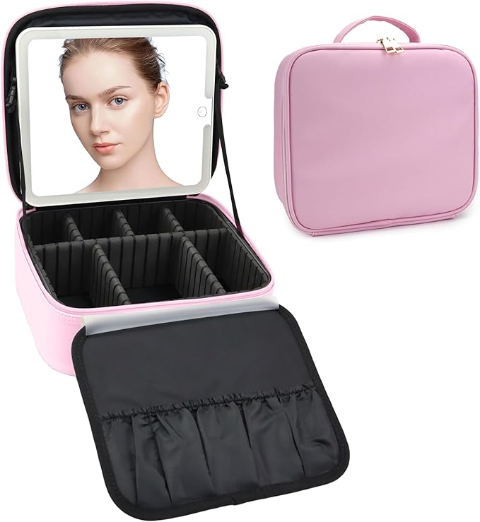 SLUMAZI Travel Makeup Bag with LED Mirror Travel Makeup Organizer with 3 Lighted Settings, Adjustable Dividers and Makeup Brush Storage Bag Light Pink