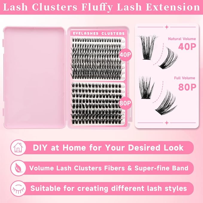 Cluster Lashes Eyelash Clusters 40D+80D Lash Clusters Wispy Individual Lashes 196PCS D Curl Lash Extension Natural Lashes Clusters DIY Cluster Eyelash Extensions for Beginners