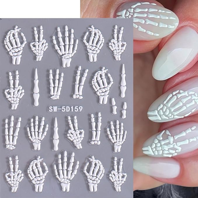 3 Sheets Halloween Nail Stickers for Nail Art 5D Embossed Halloween Skull & Skeleton Nail Art Stickers Decals Gothic Nails Design Rose Gold Hand Bone Nail Supplies for Women Holiday Nails