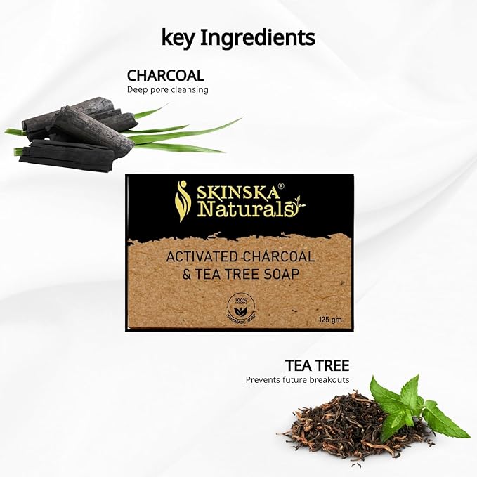 SKINSKA NATURALS Charcoal Tea Tree Body Soap, Deep Moisturizing Soaps Cleanser with Glycerin & Aroma Oil, Refreshing Bath Bar Soap for Clarified Skin Texture & Clean Feel for Men & Women – 4.40 oz