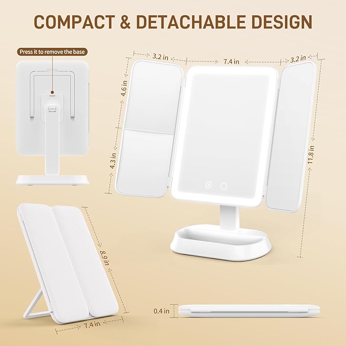 Vanity Mirror with Lights - Rechargeable Lighted Makeup Mirror | 1X/3X/5X Magnification, Smart Touch, 3 Colors Dimmable | Portable Trifold Mirror for Travel - Valentines Day Gifts for Her
