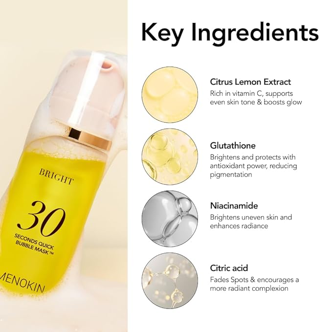 MENOKIN 30 Seconds Quick Bubble Mask [BRIGHT] - [Vitamin C] [Glutathione & Niacinamide] in Micro-bubbles for Dark Spots, Uneven Skin Tone, Korean Skin Care Essential, 50 Uses, 2.36 fl.oz