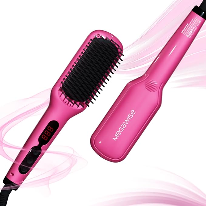 MEGAWISE Pro Ceramic Ionic Hair Straightener Brush, Universal Dual Voltage, Rotatable Power Cord, MCH Fast 20s Heating Tech, Anti-Scald, Auto-Off Safety, Home Salon (Rose Red)