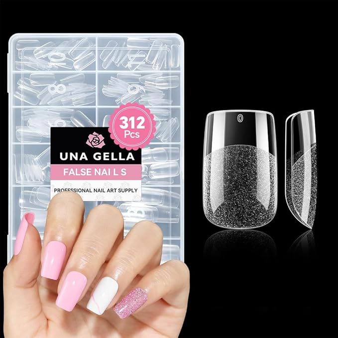 UNA GELLA Short Square Gel Nail Tips: 312pcs Square Fake Nails Pre-file Soft Gel Nails Tips for Full Cover Acrylic Nails False Nails12 Sizes Press on Nails for Nail Extensions Home DIY Salon