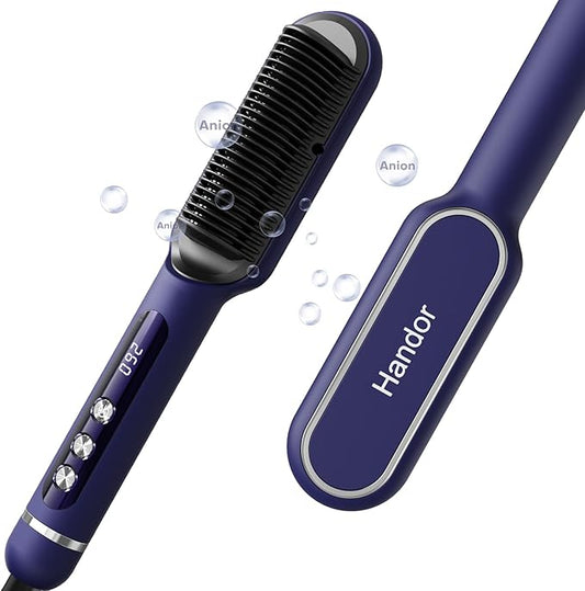 Pro Ionic Hair Straightener Brush for Women - 9 Temp Settings with LED Display, 20s Fast Heat (250°F-410°F), Dual Voltage & Travel Bag for Frizz-Free Salon Finish